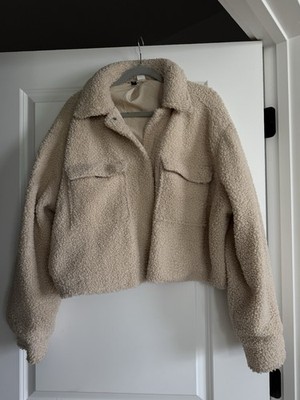 Women s Beige  Fleece Jacket Cropped Teddy Coat | Cozy Outerwear Size L