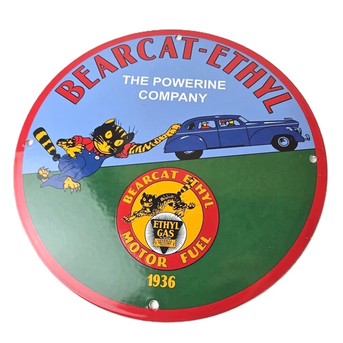 Vintage Bearcat Ethyl Gas Sign - Gas Service Station Gasoline Porcelain Sign