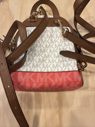 7148) Michael Kors Rhea Zip X-small Mini Messenger Backpack Purse Pink Brown - Picture 6 of 6
