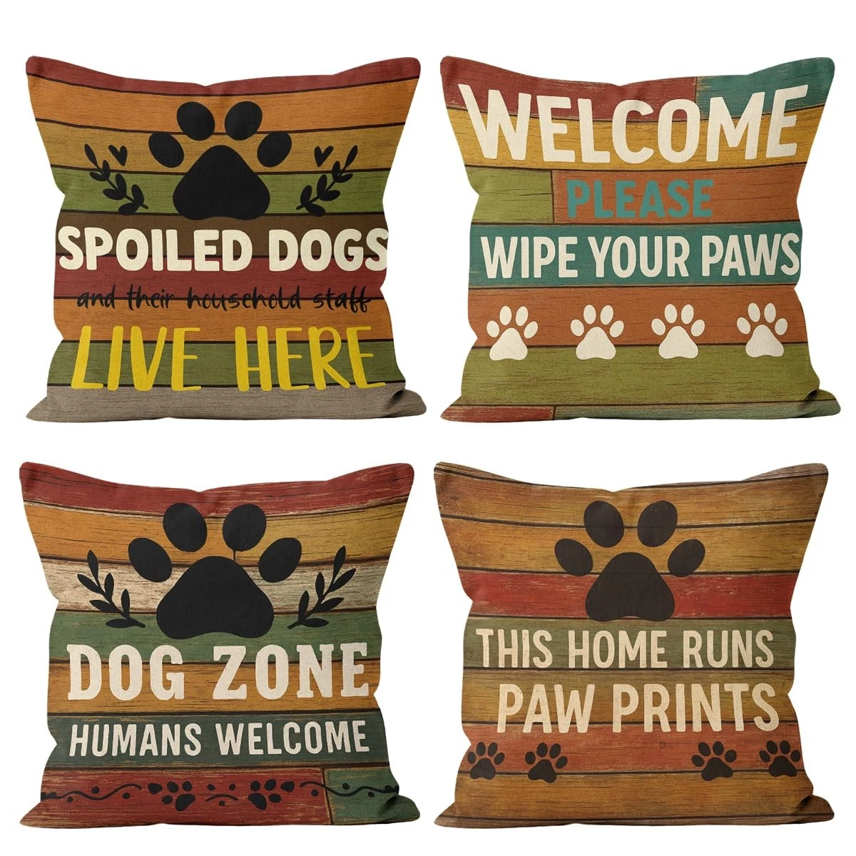 Dogs Throw Pillow Covers 18x18 Set of 4, Rustic Paw Print Home Pet Decorative...
