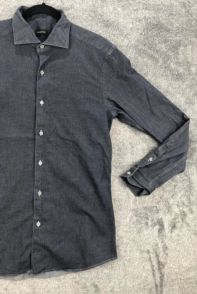 Camisa Ermenegildo Zegna Para Hombres Grande Azul Patrón de Lunares Vestido Manga Larga Elastizado Foto 3 de 4