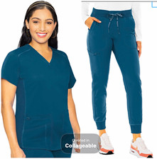 MedCouture Touch Women s Scrub Set M Blue Solid V-Neck Top Jogger Pants