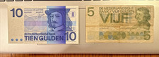 Nederlandsche Banknote Vintage 10 Gulden 4-25-1968 Circulated + 5 Guld Note 1966