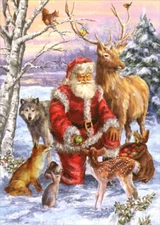 Santa Kneeling in Snow with Deer Wolf Fox and Rabbit Box of 18 Christmas Cards