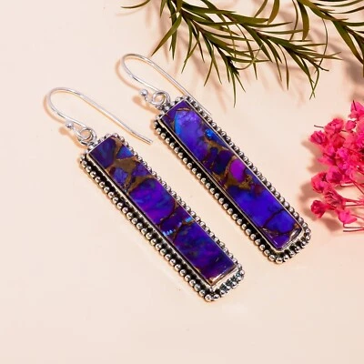 Purple Copper Turquoise Earring 925 Sterling Silver Gemstone Earring MO** - Image 1 of 4