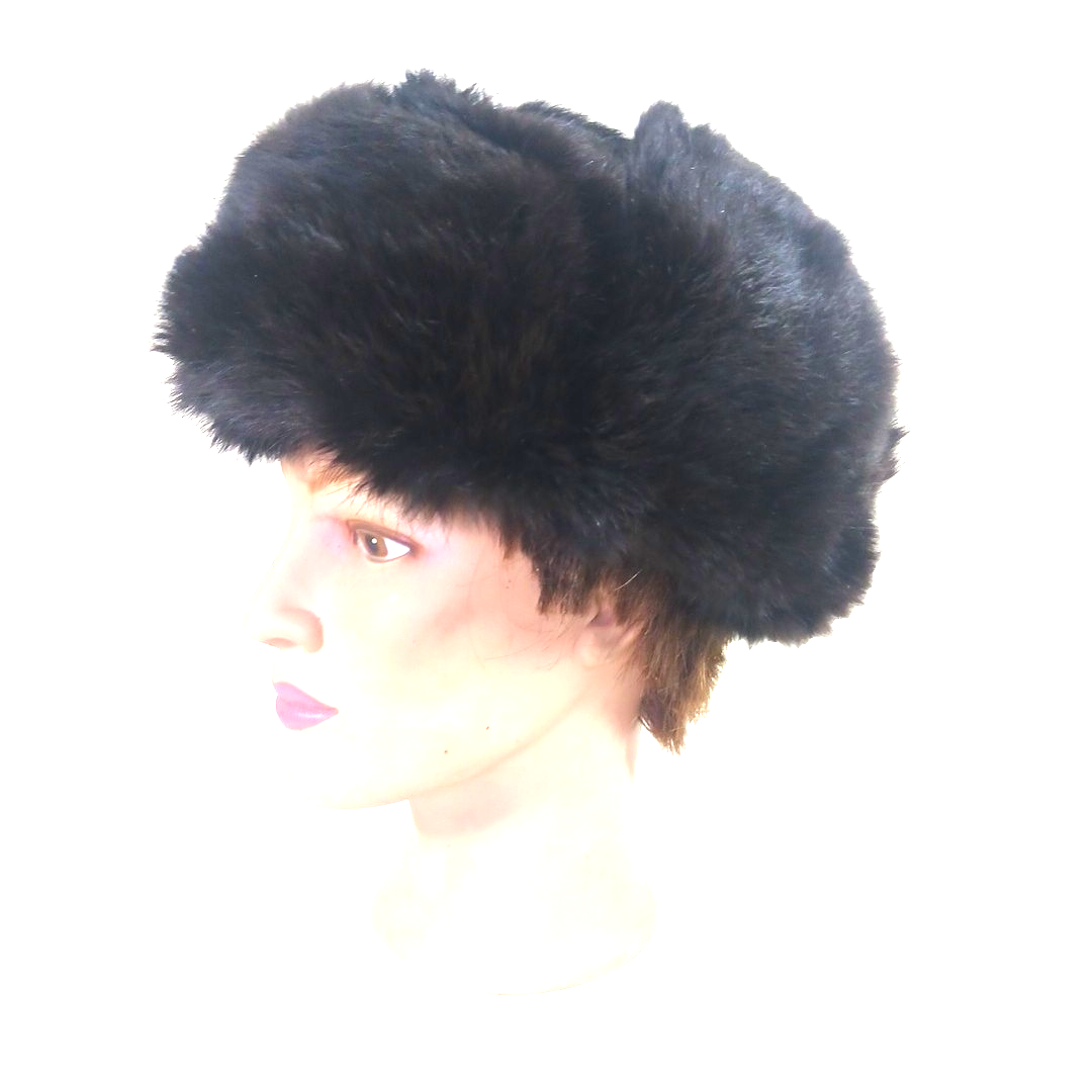 Black Rabbit fur Russian Ushanka Winter Trapper Hat Cap w 