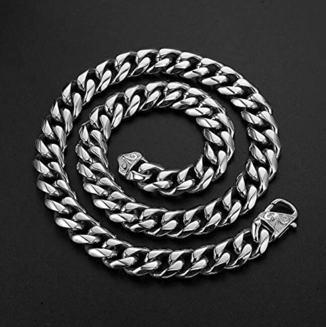 Collar de cadena de eslabones cubanos bordillo acero inoxidable pulido 13/15 mm joyería para hombre Foto 2 de 4