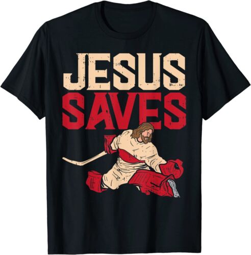 T-shirt cadeau chrétien religieux neuf limité Jesus Saves hockey sur glace gardien sport - Photo 1 sur 5