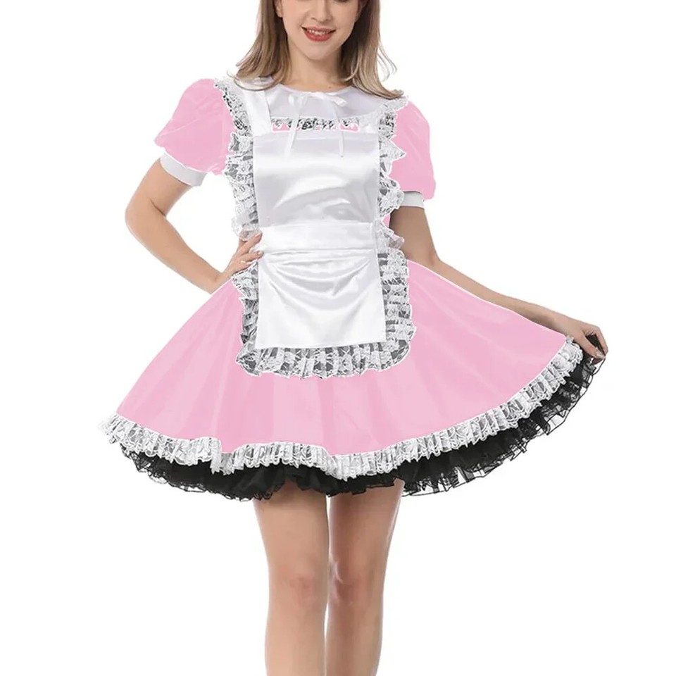 Puff Short Sleeve Satin A-line Maid Dress French Apron Cosplay Maid ...
