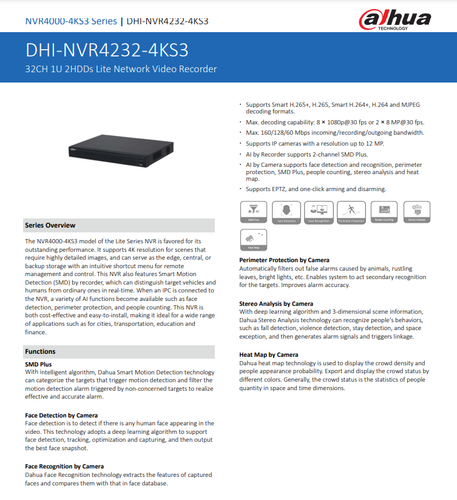 Grabadora de Video DAHUA Original GENUINA 32CH NO-POE NVR4232-4KS3 2SATA 12MP - Imagen 2 de 9
