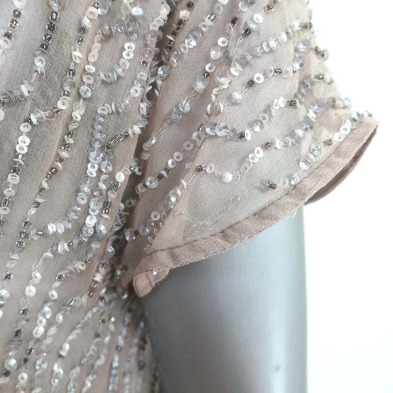 Blusa Parker de Gasa con Lentejuelas Taupe Seda Talla Pequeña Manga Corta Foto 3 de 4