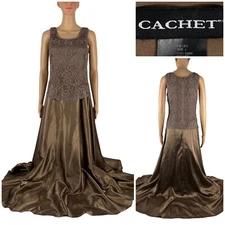 Cachet Womens 6 Dress Maxi Cocktail Fit Flare Sleeveless Brown Lined Crochet