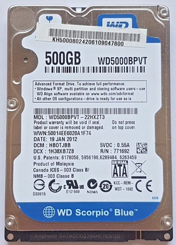 500 GB SATA Western Digital WD5000BPVT-22HXZT3 5400rpm 8MB HDD 2,5" Festplatte
