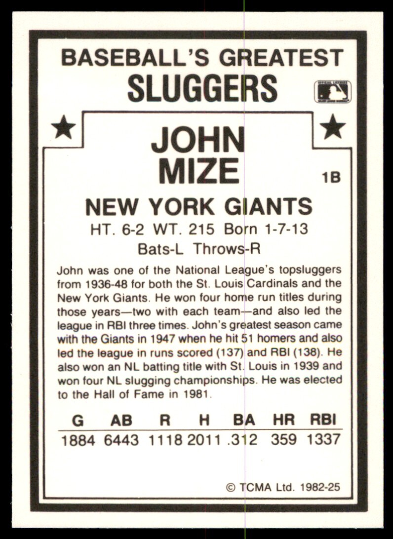 1987 TCMA BASEBALL'S GREATEST SLUGGERS 25 JOHNNY MIZE NEW YORK GIANTS eBay