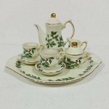 Mini Christmas Teaset 10 Pc Holiday Holly Porcelain Gold Small Creamer Sugar Cup