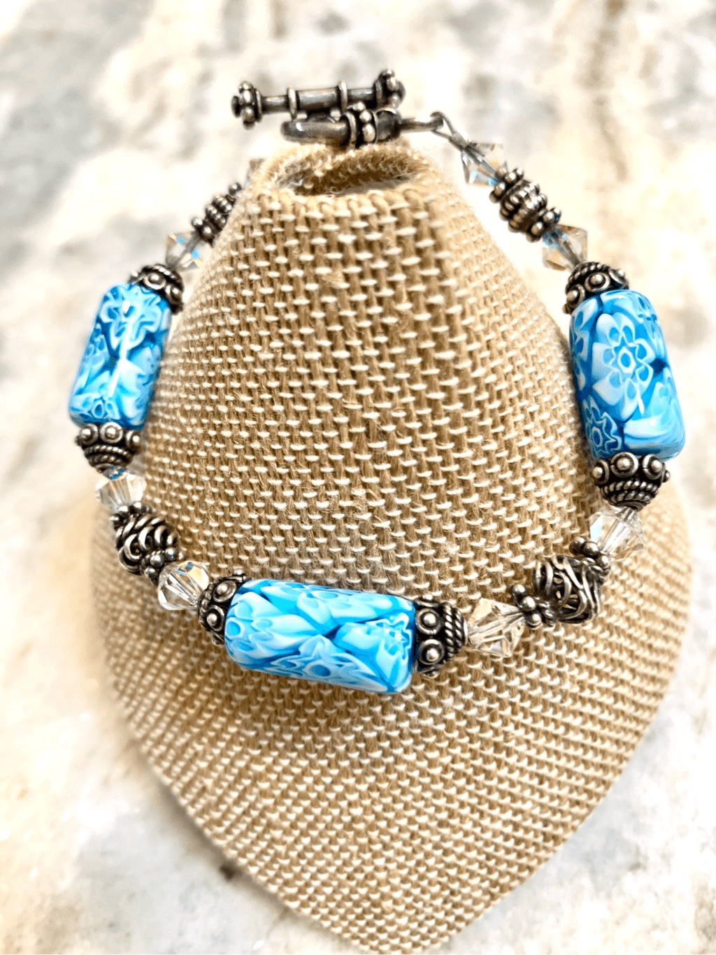 Handmade Blue Floral Murano Sterling Silver Bracelet #vintage #murano bead