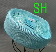 Vintage Teal Blue Woven Poly Straw Pillbox Ladies Hat Netting Ribbon Unionmade