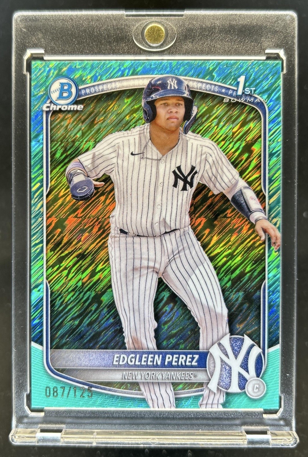 2025 Bowman Edgleen Perez Chrome Aqua Shimmer 1st Prospect #/125 Yankees