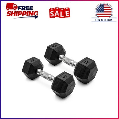CAP Barbell, 15lb Coated Rubber Hex Dumbbell, Pair (No-Roll Design, Ergonomic St