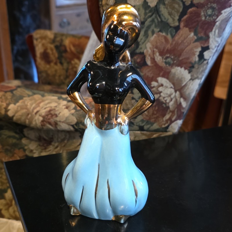 Black Gold & Blue Glazed Ceramic Woman Figurine, People Theme, Single