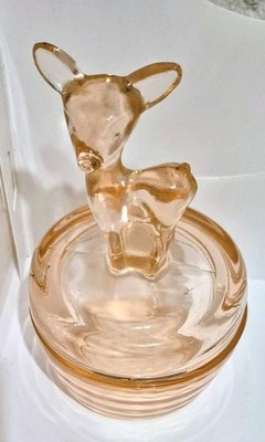 1940's Jeannette Glass Co. BAMBI POWDER JAR & Lid Jewelry Dish Depression