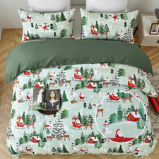 Christmas Duvet Cover Set Queen Size 3 Piece, Green Christmas Tree Deer Pattern