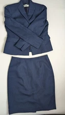 Le Suit Petite 2P Women’s Blazer Skirt Suit Set Blue Textured Career Wear