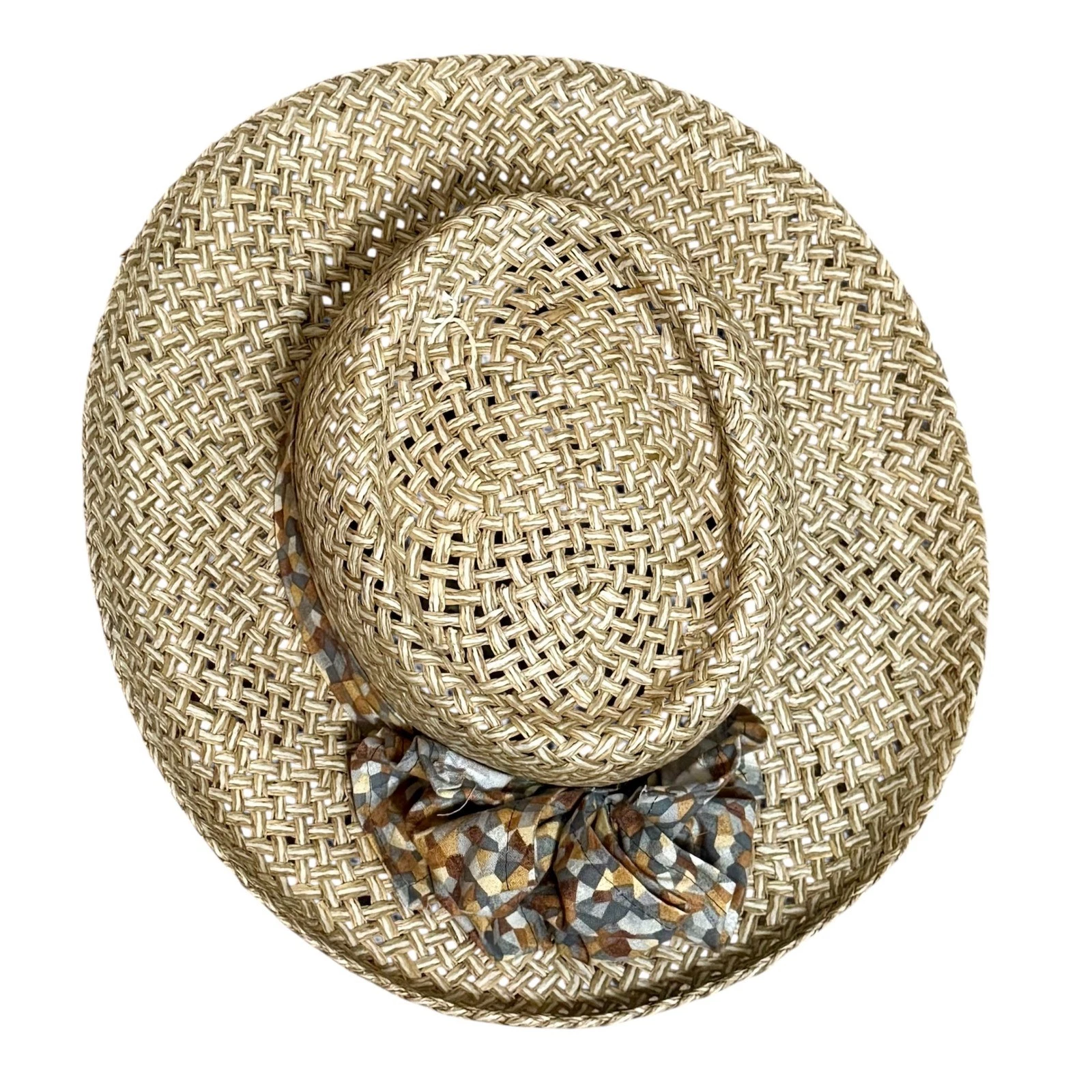 Nelson Designs Straw Sun Hat Wide Brim Geometric Print Bow Made in USA OSFA