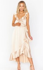 Show Me Your Mumu Samantha Ruffle Wrap Dress - Champagne Luxe Satin Midi - Size 