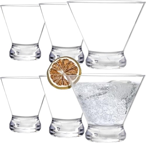 6 Pack Plastic Martini Glasses, 8 Ounce Shatterproof Martini Cups, Stemless