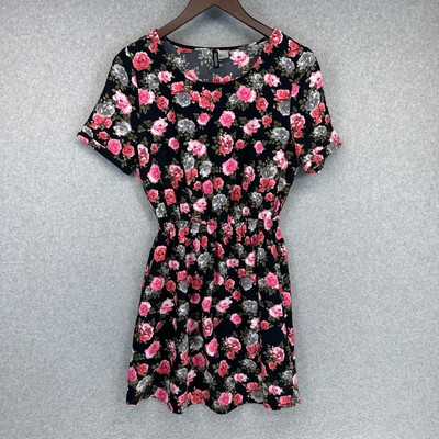 H&M Divided Dress Womens Size 8 Black Pink Floral Cut-Out Stretch Short Sleeve