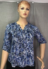 Notations Women's Size L 3/4 Sleeve Blouse Top Blue Black White