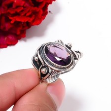Purple Amethyst Designer Handmade Oxidised 925 Sterling Silver Ring S.7 R97932