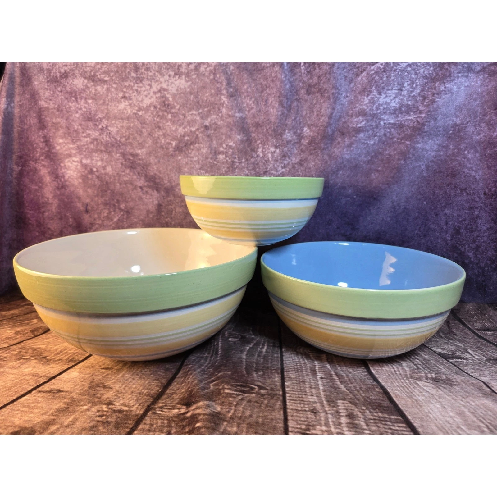 The Pampered Chef Mixing Serving Bowls Set of 3 Striped Pastel Ceramic