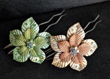 2 Hair Fork Hair Stick Floral Crystal Rinestone Metal 2 Prong Chignon Accessory