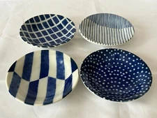 Japanese Mino Ware Small Plates Set of 4 – Blue Indigo Patterns – Made in Japan