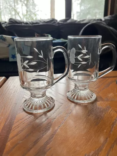 Princess House Heritage Footed Coffee Mugs Set of 2 Etched