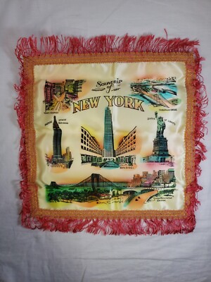 Souvenir Pillow Case Slip NYC New York Satin Fringed Vintage