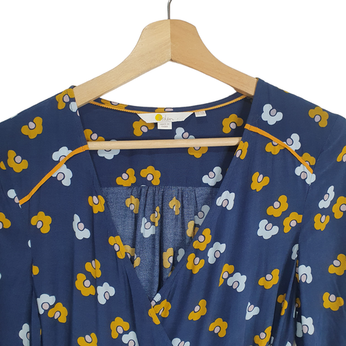 Boden Size 10 Navy Yellow Floral 7/8 Sleeve Wrap Viscose Midi Dress - Picture 10 of 12