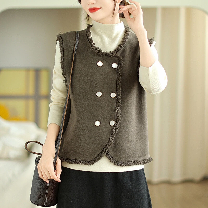 Mujeres Doble Pecho Cuello Redondo Borla Sin Mangas Chaleco Calce Ajustado Waiscoat Prendas para el torso Foto 2 de 4