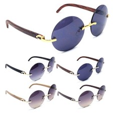 RIMLESS ROUND CIRCLE LENS SUNGLASSES FAUX WOOD RETRO DESIGNER FASHION OUTDOOR