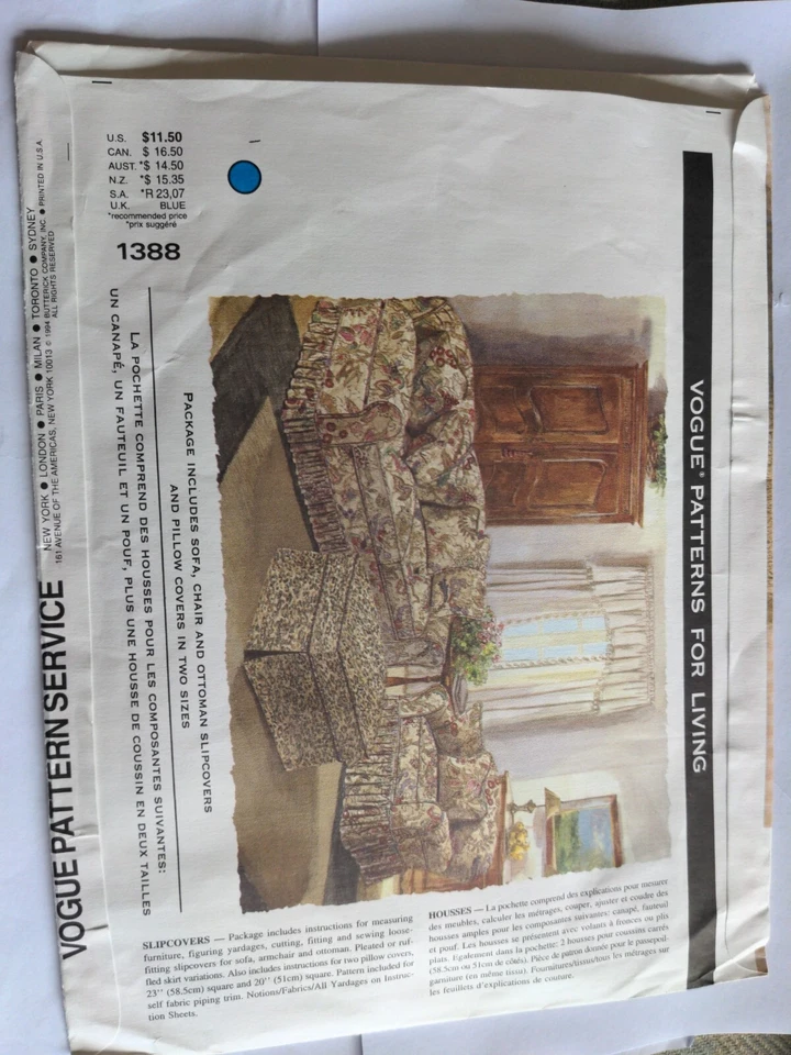 Vogue 1338, 90s Sewing Pattern Slipcovers for Sofa Chair Ottoman Pillows WAVERLY - Image 2 of 2