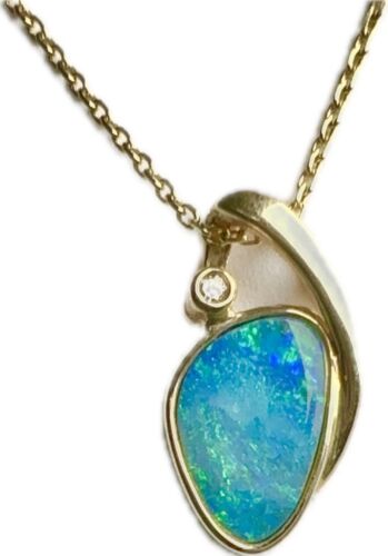 Modern  Natural Opal & Diamond 14k Gold Pendant Ne