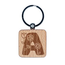 Sweet and Cute Flowers Rounded Block Letter A Engraved Wood Square Keychain