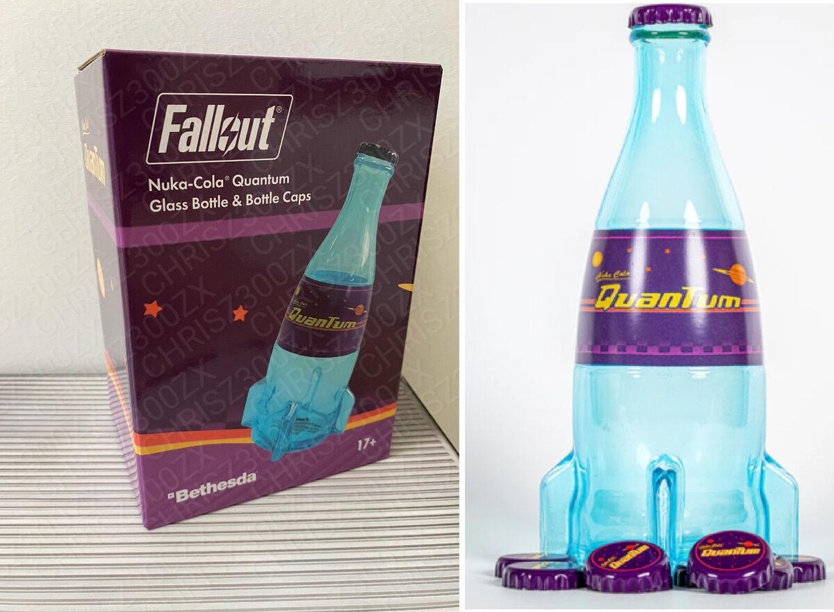 Fallout Nuka Cola Quantum Teal Glass Rocket Bottle + 10 Bottle Caps Figure