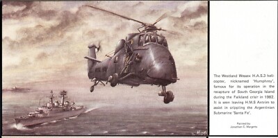 Postkarte: WESTLAND WESSEX HELICOPTOR verlässt HMS ANTRIM, 1982 - Künstlerwichtel