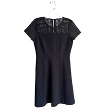 J. Crew Black Eyelet Dress Fit & Flare Size 0 Ponte Stretch Knit Cap Sleeve