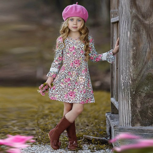 Toddler Baby Girls Long Sleeve Dress Floral Ruffle Party Skirts Dress Clothes - Picture 5 of 12