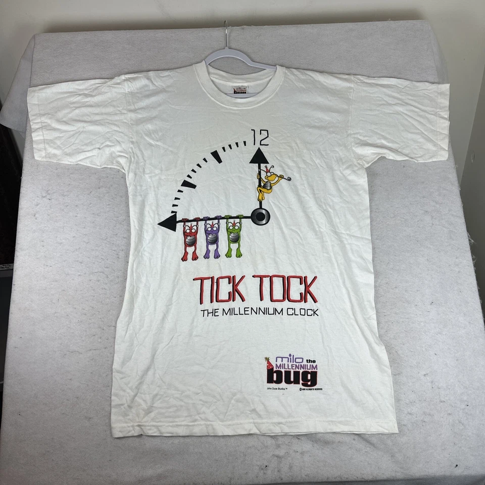 复古 1998 Milo Millennium Bug T 恤男式 XL Tick Tok 时钟 1998 白色 — 第 3/4 张图片