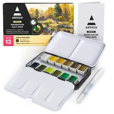 ARTEZA Watercolor Paint Set, 12 Pastel Tones Half Pans, Watercolor Set with B...